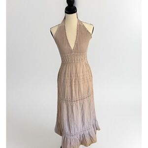 Seaspace Halter Midi Maxi Dress Large Beige Boho Smocked Peruvian Cotton Resort